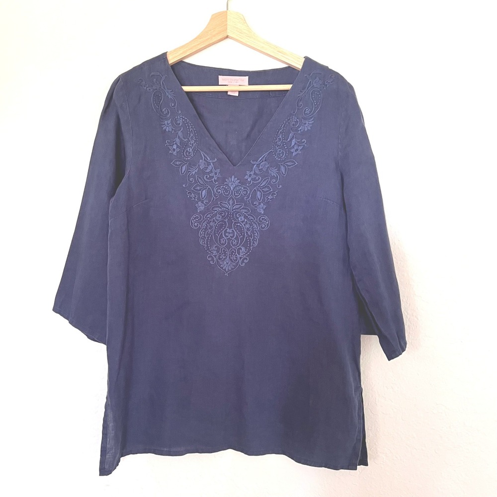 Saint Tropez West Navy Blue 100% Linen Embroidered V-Neck Tunic Med Lagenlook